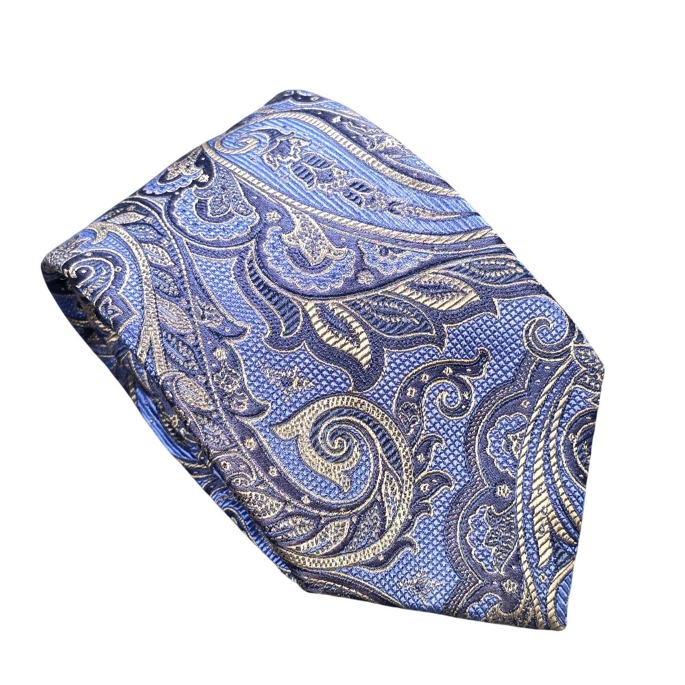 Tasso Elba Paisley 100% Silk Tie Men's Blue Gold Woven Hand Made Classic Necktie